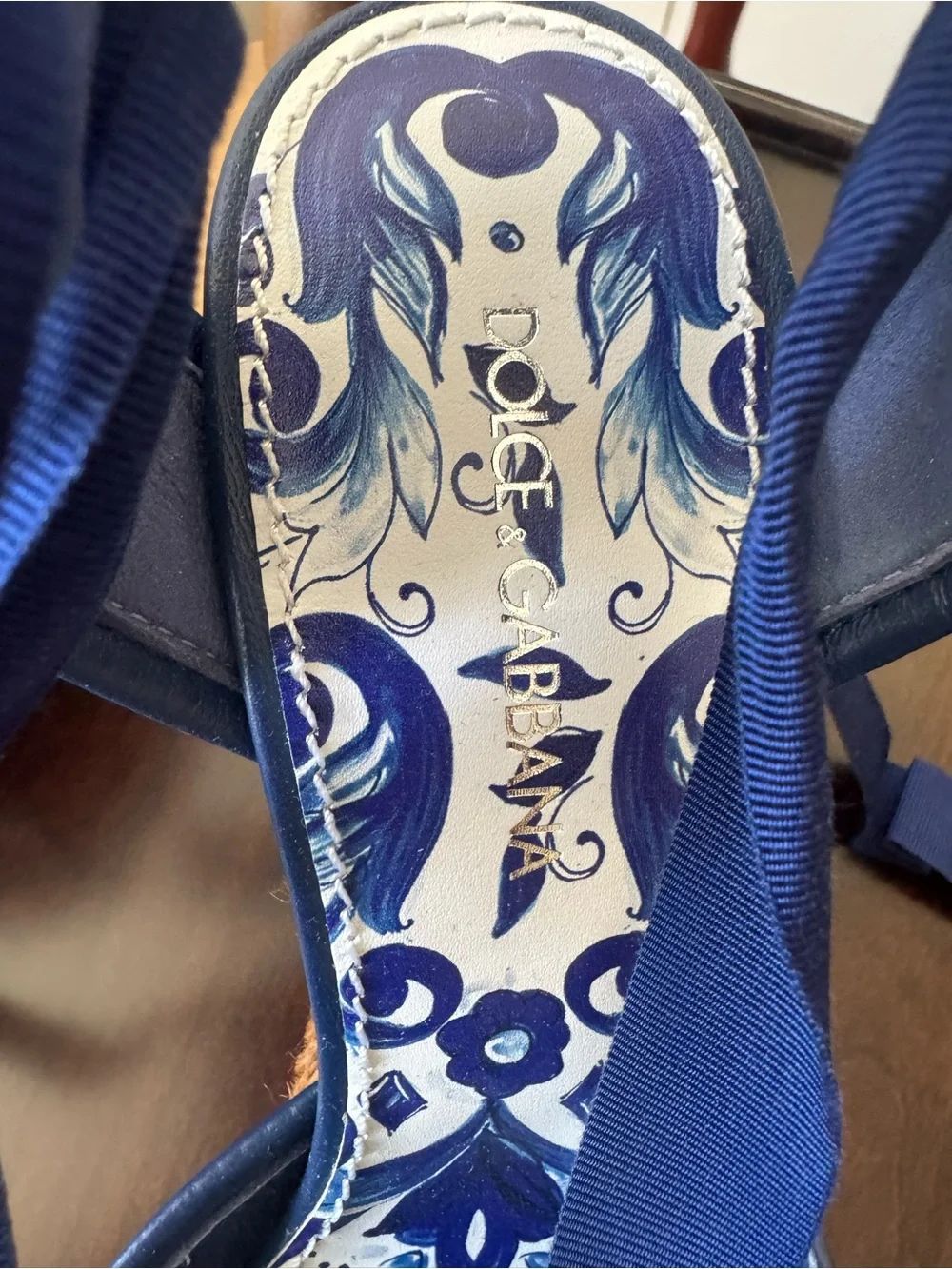 Dolce & Gabbana Blue Printed Espadrille Wedges with Ribbon Ankle Ties